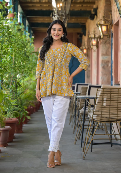 Mustard Floral Printed Cotton Tunic With Doris