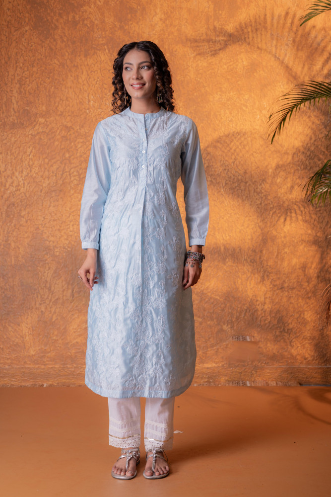 Neelara Powder Blue Foil Print Kurta