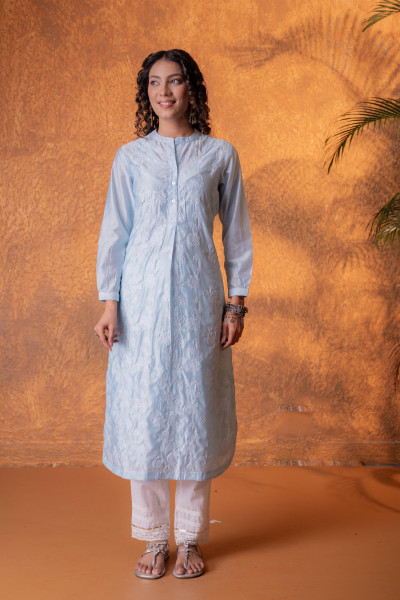 Neelara Powder Blue Foil Print Kurta