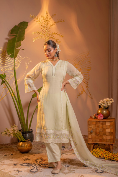Lime  Kurta Set with Floral Lace Borders