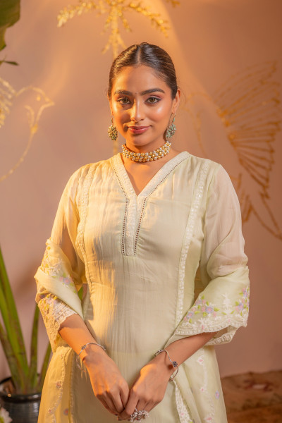 Lime  Kurta Set with Floral Lace Borders