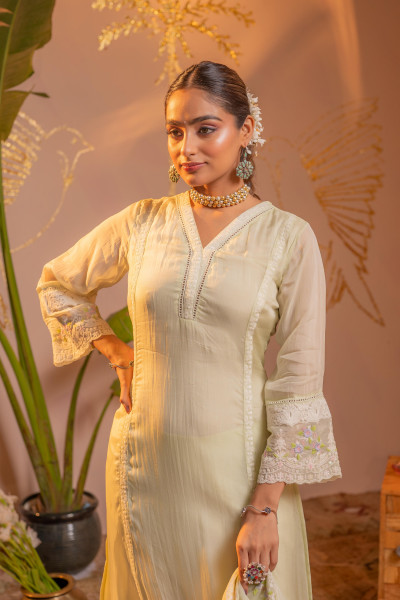 Lime  Kurta Set with Floral Lace Borders