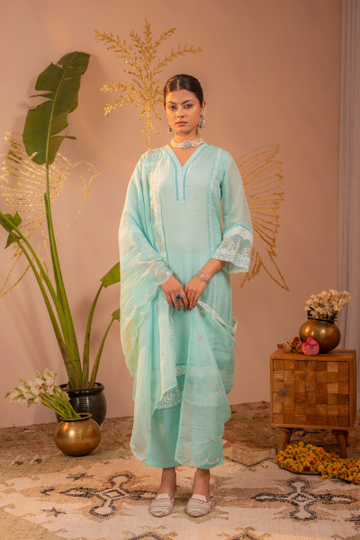 Sky Blue  Kurta Set with Floral Lace Borders