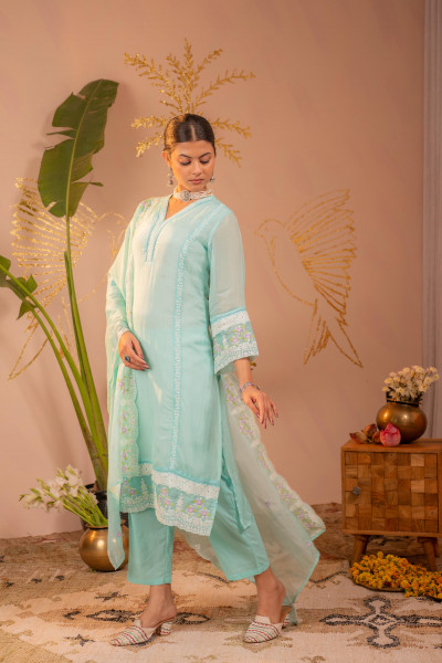 Sky Blue  Kurta Set with Floral Lace Borders