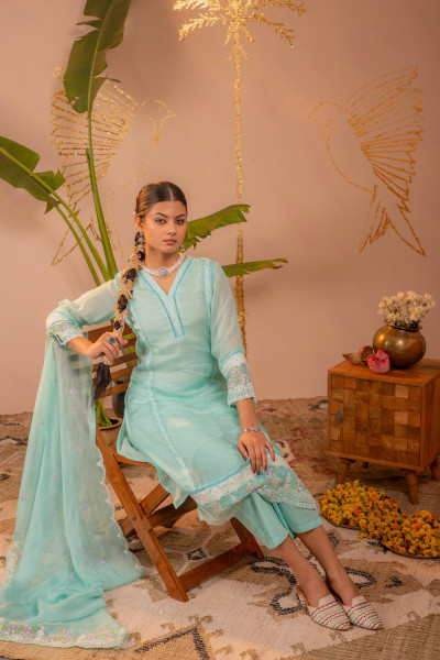 Sky Blue  Kurta Set with Floral Lace Borders