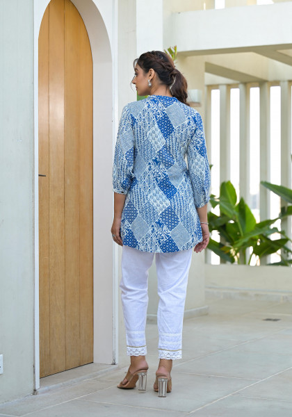 Indigo Ethnic Motif Printed Viscose Tunic With Buttons