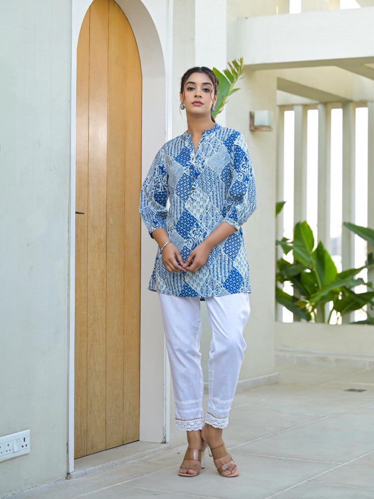 Indigo Ethnic Motif Printed Viscose Tunic With Buttons