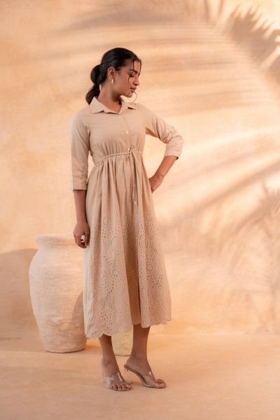 Schiffli Camel Bloom Long Dress