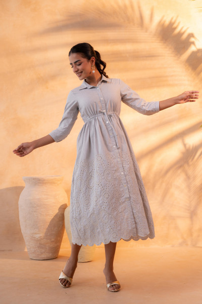 Schiffli Grey Bloom Long Dress