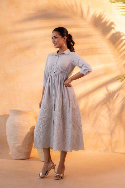 Schiffli Grey Bloom Long Dress