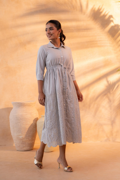 Schiffli Grey Bloom Long Dress