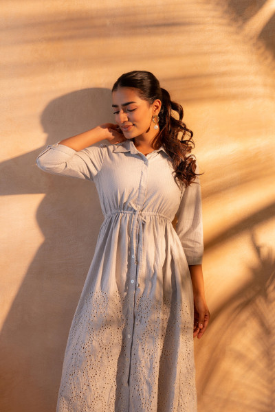 Schiffli Grey Bloom Long Dress