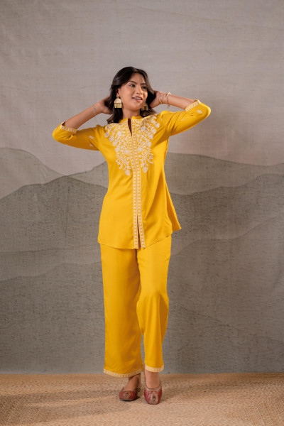 Sunlit Bloom Mustard Embroidered Co-Ord Set