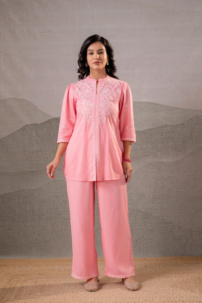 Peach Bloom  Embroidered Co-Ord Set