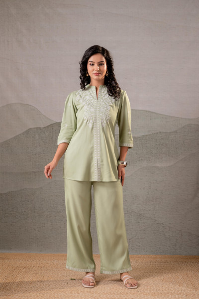 Pistachio Bloom SageGreen Embroidered Co-Ord Set