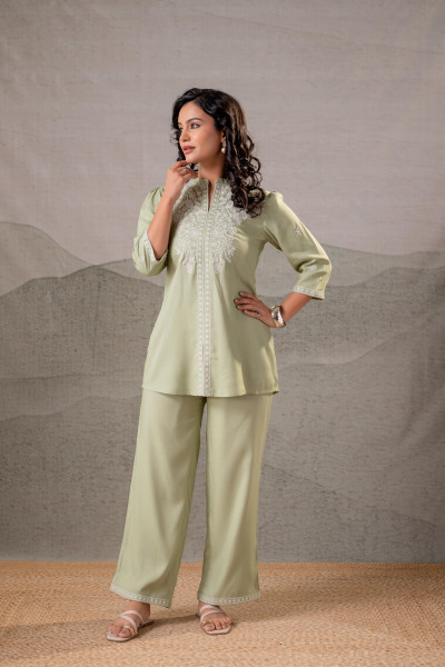Pistachio Bloom SageGreen Embroidered Co-Ord Set
