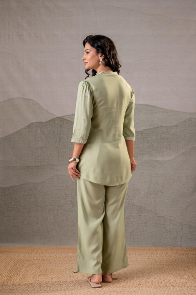 Pistachio Bloom SageGreen Embroidered Co-Ord Set