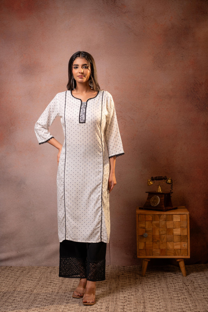 White Dobby Viscose Embroidered Kurta