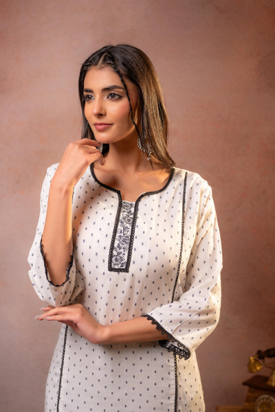 White Dobby Viscose Embroidered Kurta