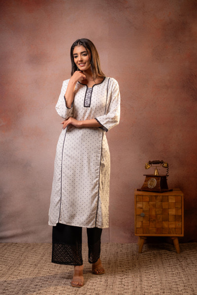 White Dobby Viscose Embroidered Kurta