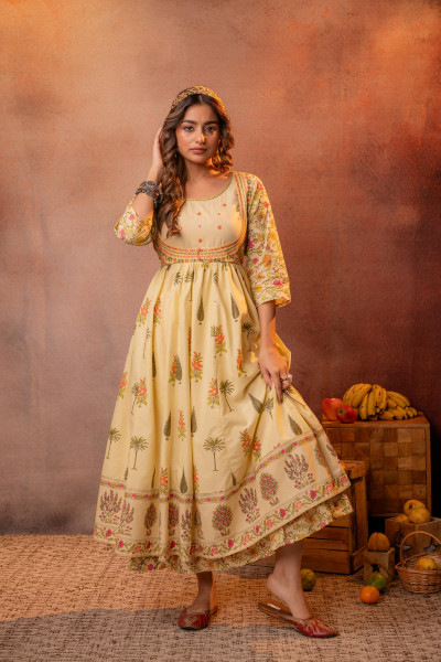Buttercream Yellow Floral Printed Anarkali Dress