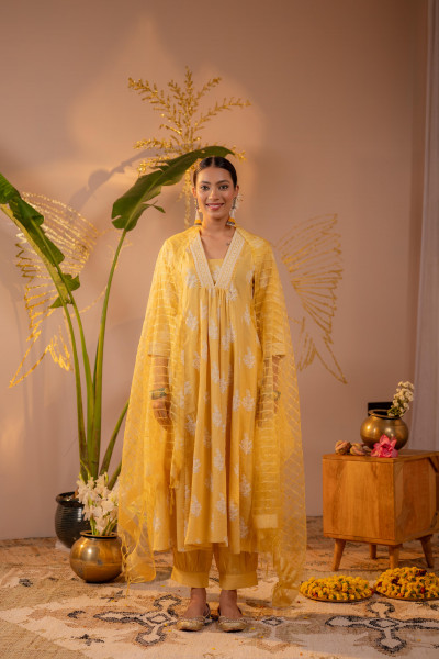 Mustard Blossom Anarkali Kurta Set with Striped Sheer Dupatta