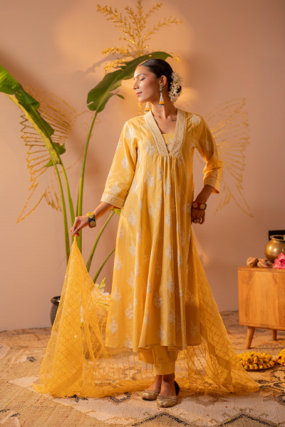Mustard Blossom Anarkali Kurta Set with Striped Sheer Dupatta