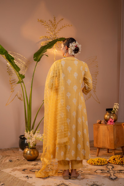 Mustard Blossom Anarkali Kurta Set with Striped Sheer Dupatta