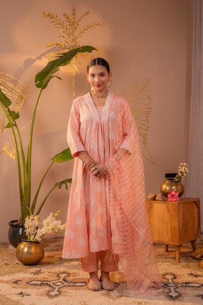 Peach Blossom Anarkali Kurta Set with Striped Sheer Dupatta