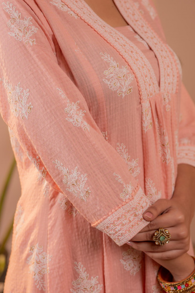 Peach Blossom Anarkali Kurta Set with Striped Sheer Dupatta
