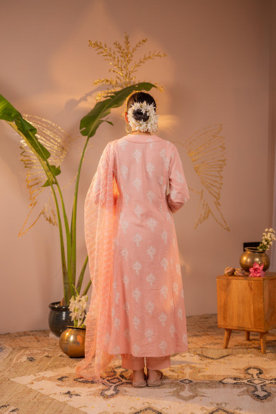 Peach Blossom Anarkali Kurta Set with Striped Sheer Dupatta