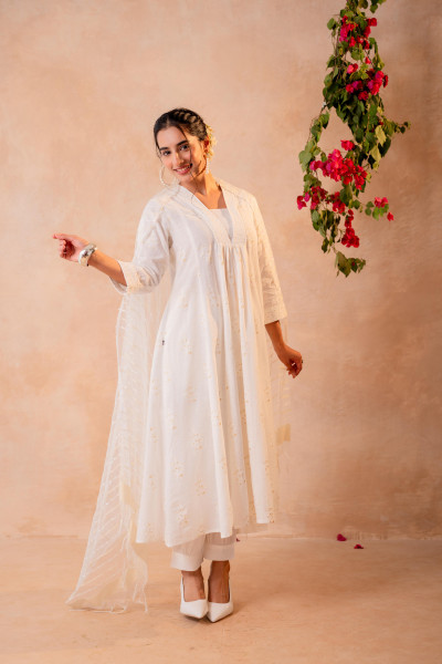 Cotton Blossom Anarkali Kurta Set with Striped Sheer Dupatta