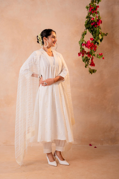 Cotton Blossom Anarkali Kurta Set with Striped Sheer Dupatta