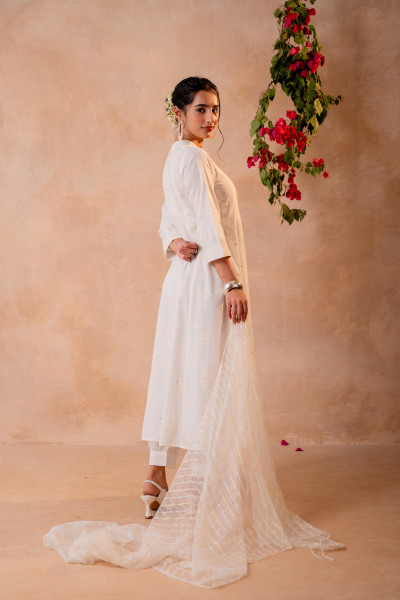 Cotton Blossom Anarkali Kurta Set with Striped Sheer Dupatta