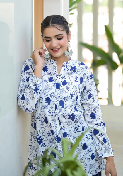 Blue Floral Printed Cotton Tunic With Buttons