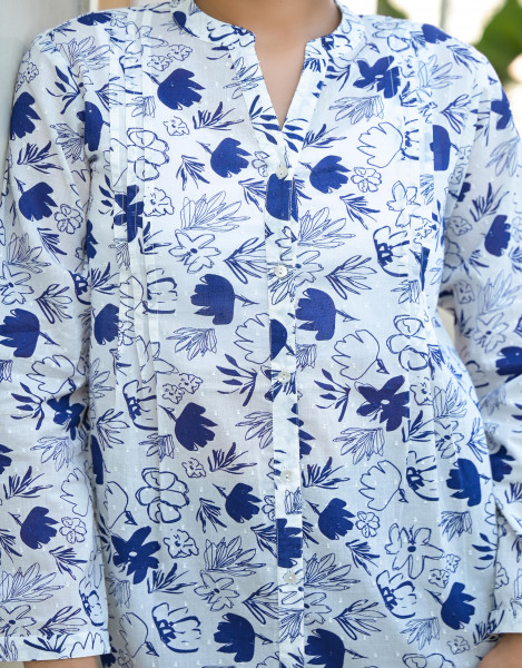 Blue Floral Printed Cotton Tunic With Buttons