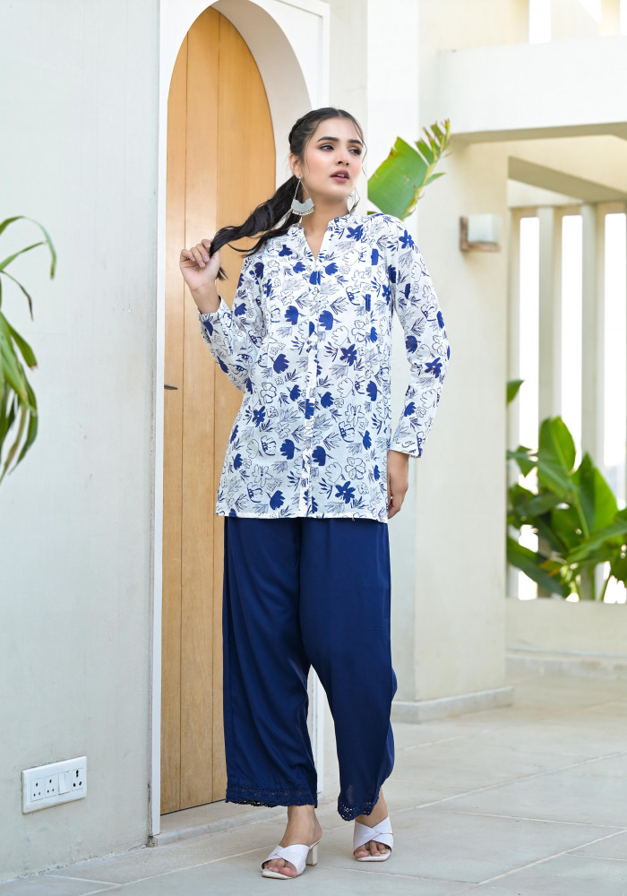 Blue Floral Printed Cotton Tunic With Buttons