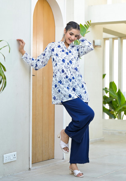 Blue Floral Printed Cotton Tunic With Buttons