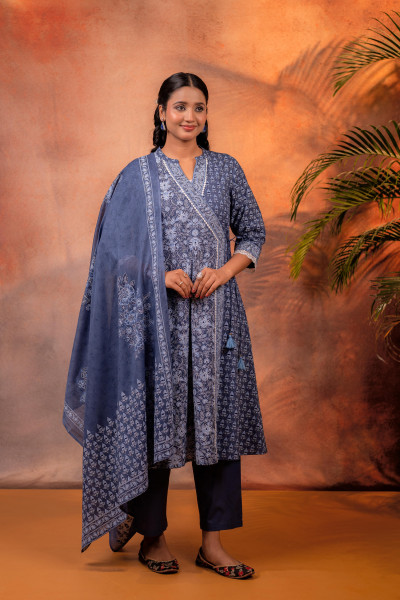 Indigo Ajrakh Printed Angrakha Kurta Set with Coordinated Dupatta