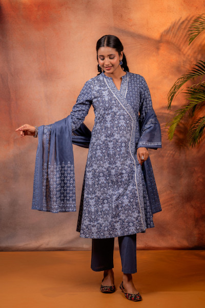 Indigo Ajrakh Printed Angrakha Kurta Set with Coordinated Dupatta