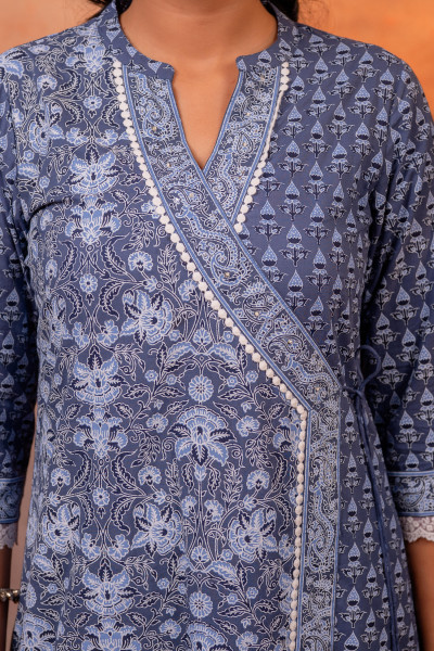 Indigo Ajrakh Printed Angrakha Kurta Set with Coordinated Dupatta