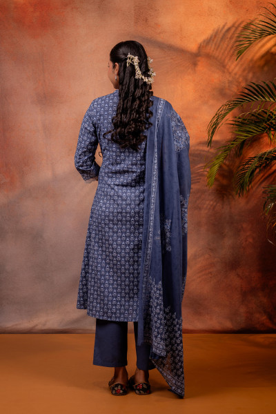 Indigo Ajrakh Printed Angrakha Kurta Set with Coordinated Dupatta