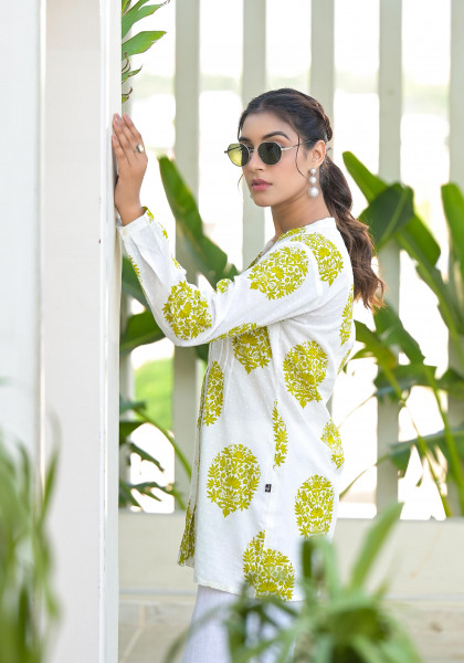 Lime Green Floral Printed Cotton Tunic