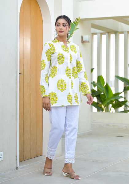 Lime Green Floral Printed Cotton Tunic