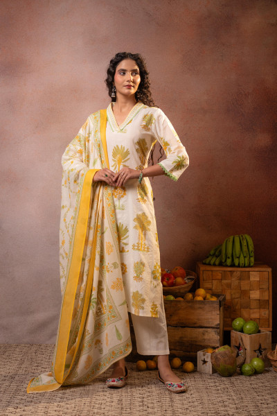 Off-White Mustard Botanical Printed Kurta Set with Statement Border Dupatta