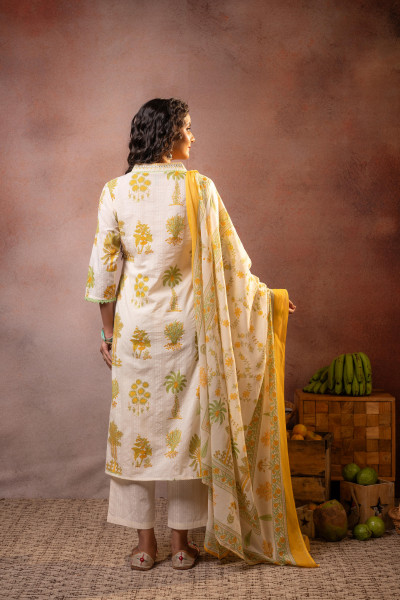 Off-White Mustard Botanical Printed Kurta Set with Statement Border Dupatta
