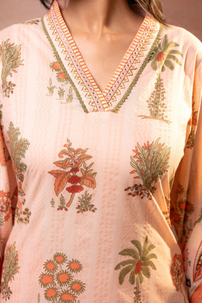 Off-White Peach Botanical Printed Kurta Set with Statement Border Dupatta