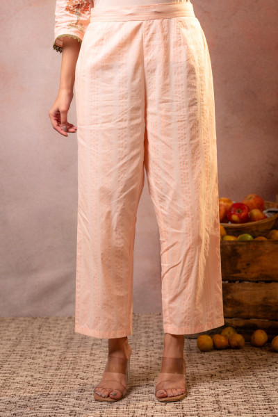 Off-White Peach Botanical Printed Kurta Set with Statement Border Dupatta