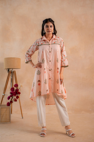 Blush Peach Garden Printed A-Line Tunic Kurta