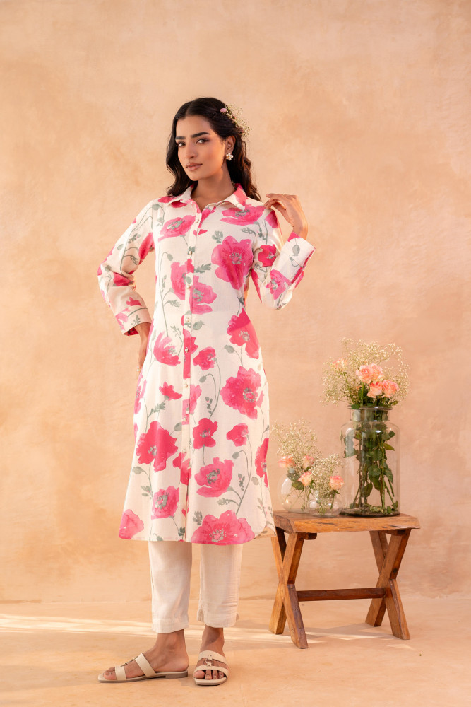 Ivory Rose Bloom Printed Shirt Tunic
